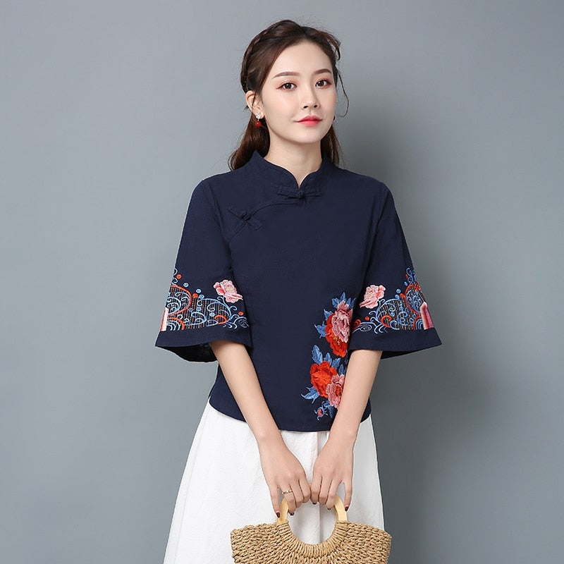 Vêtement Ethnique Qipao Chemisier Chinois Femme Qipao - Col Mandarin Manches 3/4 - Coton/Lin Ethnique - Imprimé Floral Chemisier Manches 3/4 Vêtement Ethnique Qipao Chemisier Chinois Femme Qipao - Col Mandarin Manches 3/4 - Coton/Lin Ethnique - Imprimé Floral Chemisier Manches 3/4