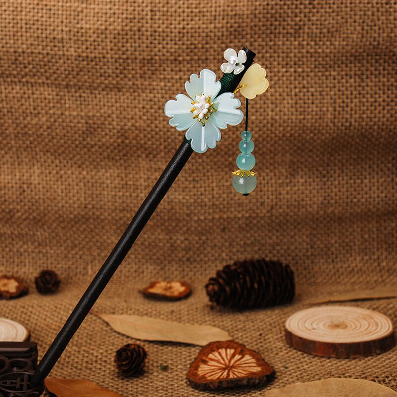 2 Baguettes à Cheveux Chinoises Vintage Avec Gland Et Perles Fleur - Accessoire Traditionnel