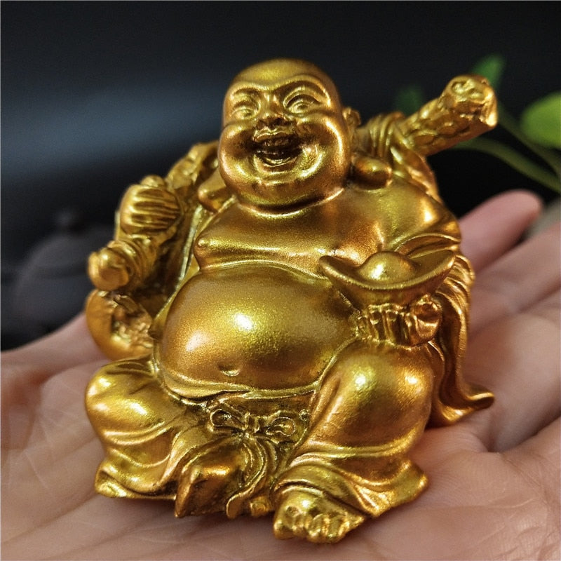 Bouddha rieur porte-bonheur avec symboles porte-bonheur dorés (12