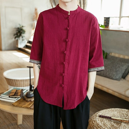 Chemise Chinoise Col Mao Fluide Couleur Rouge