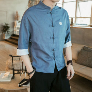 Chemise Col Chinois Bleu