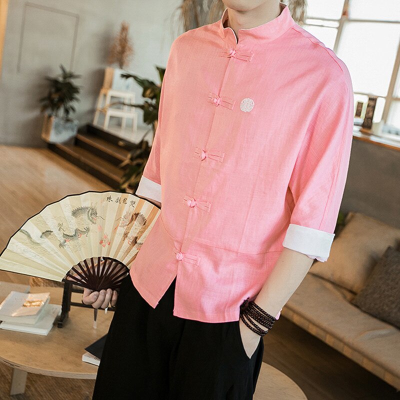 Chemise Col Chinois Rose