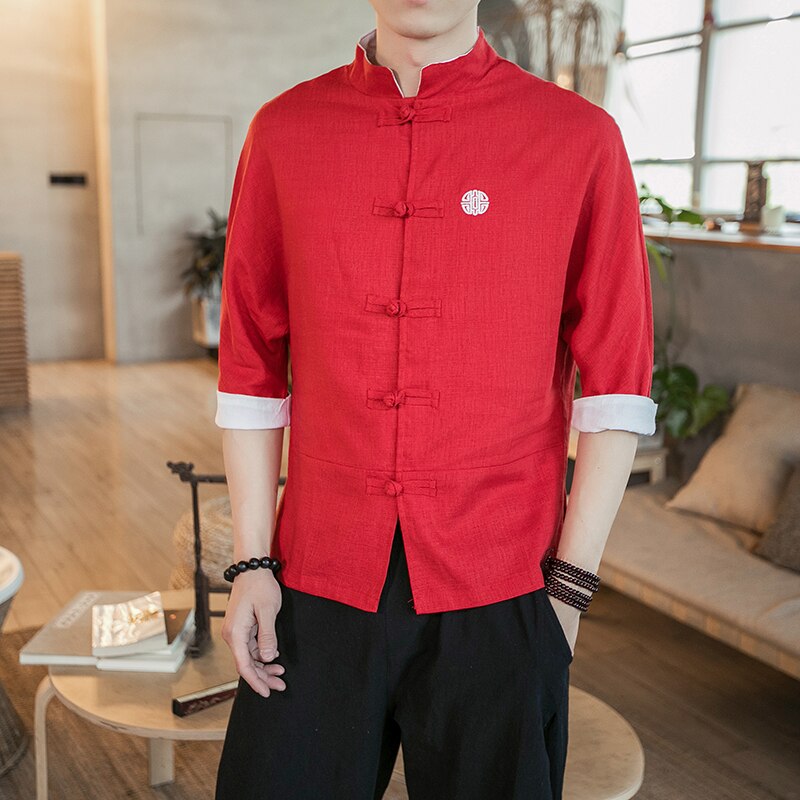 Chemise Col Chinois Rouge