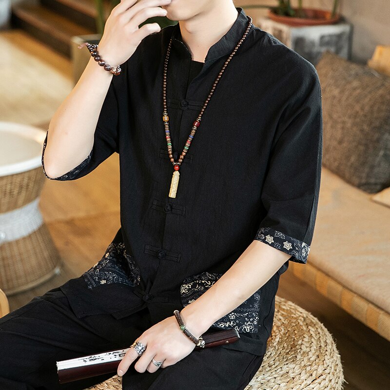 Chemise Homme Ethnique Col Croisé Manche Longue Kaki été En Coton - Foto 11