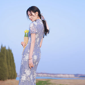 Élégante Robe Chinoise Bleu-Violet Avec Broderie