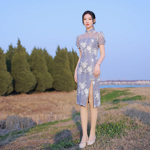 Élégante Robe Chinoise Coupe Mi-Longue Avec Tulle