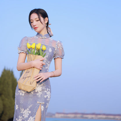 Élégante robe chinoise Cheongsam Qipao Manches Courtes Bleu-Violet