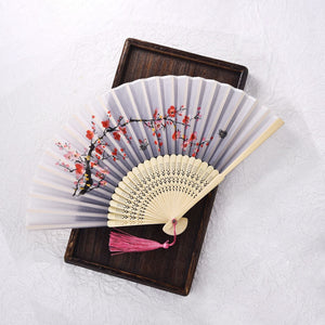 Éventail Chinois Tissu Bois De Bambou Avec Pompon