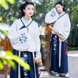 Hanfu Kimono Coton Satin Bleu Blanc