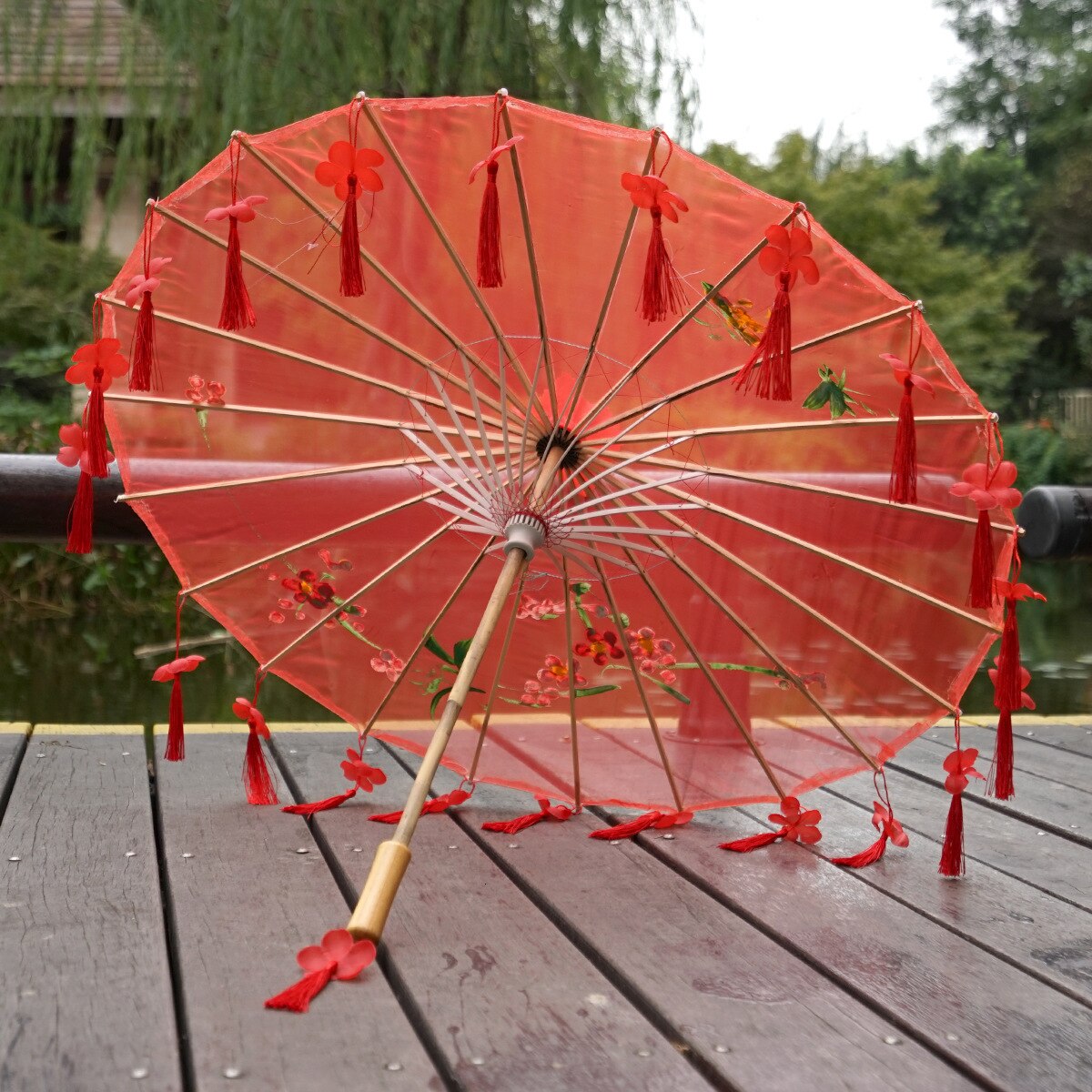 Ombrelle Chinoise Transparente Rouge Avec Manche En Bois