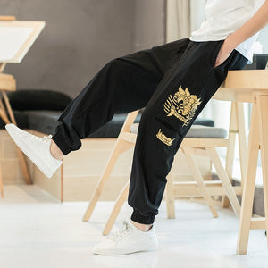 Pantalon Style Chinois Avec Un Dragon Doré