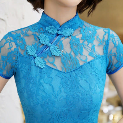Robe Chinoise Bleu Turquoise Qipao Coupe Longue