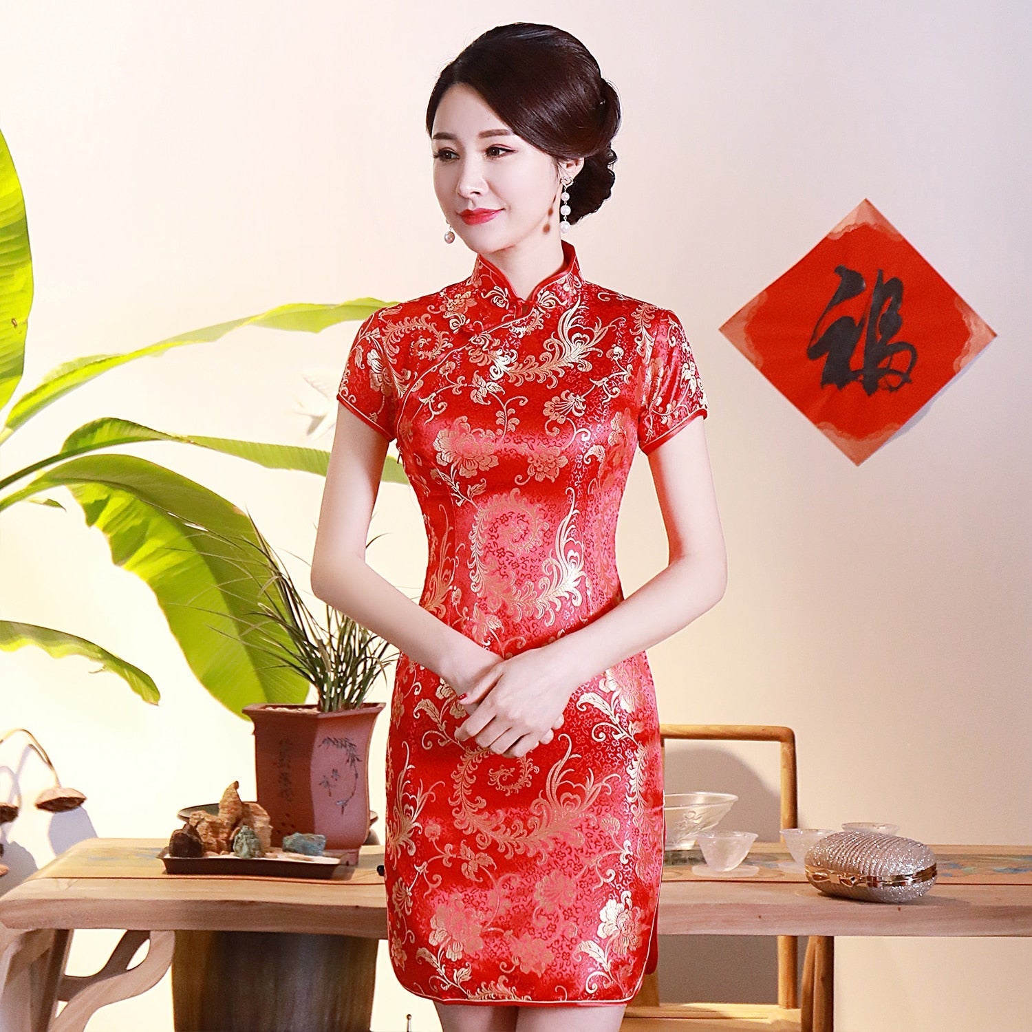 Robe Chinoise Courte Rouge