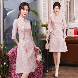 Robe Chinoise De Mariage Coupe Midi Avec Manches