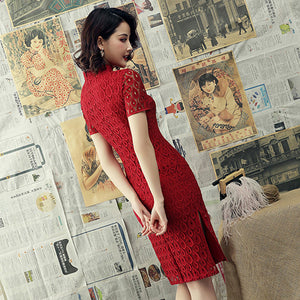 Robe Chinoise Dentelle Zippée Coupe Midi Coton Lin