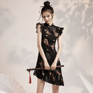 Robe Chinoise Dragon Évasée Sans Manches
