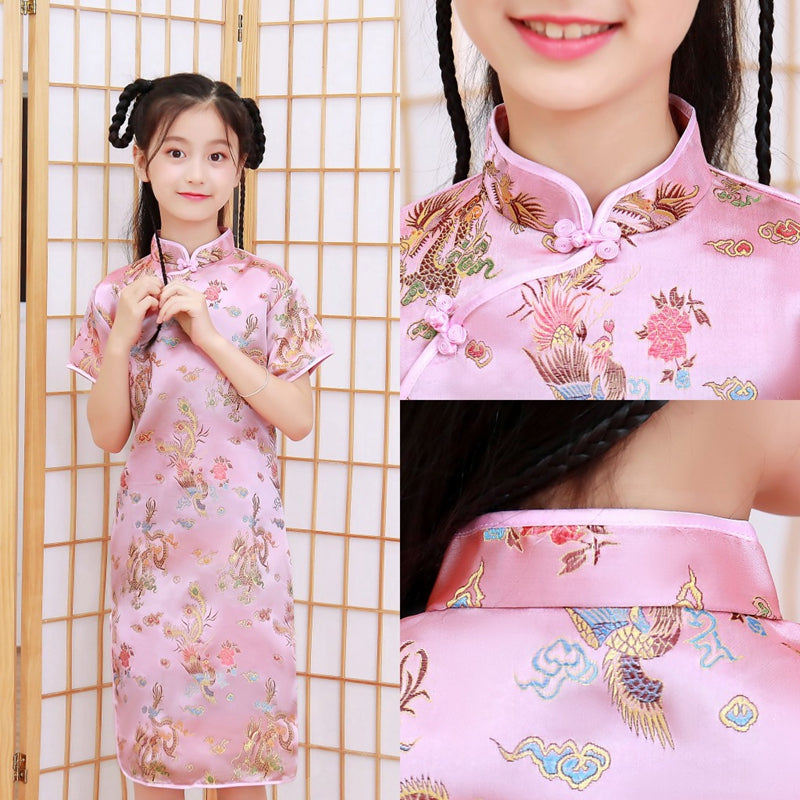 Robe Chinoise Enfant Rose Motif Dragon