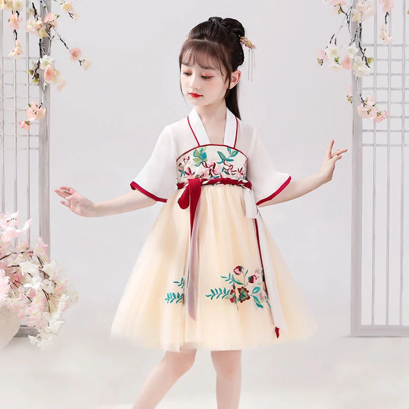 Robe Chinoise Fille Blanche Et Pêche
