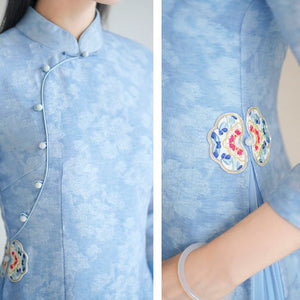 Robe Chinoise Longue Bleu Avec Broderie