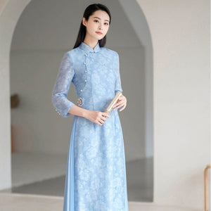 Robe Chinoise Longue Bleu Cheongsam Qipao