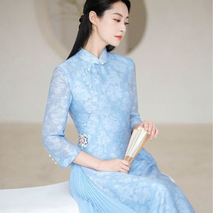 Robe Chinoise Longue Bleu Coton Lin Vêtement