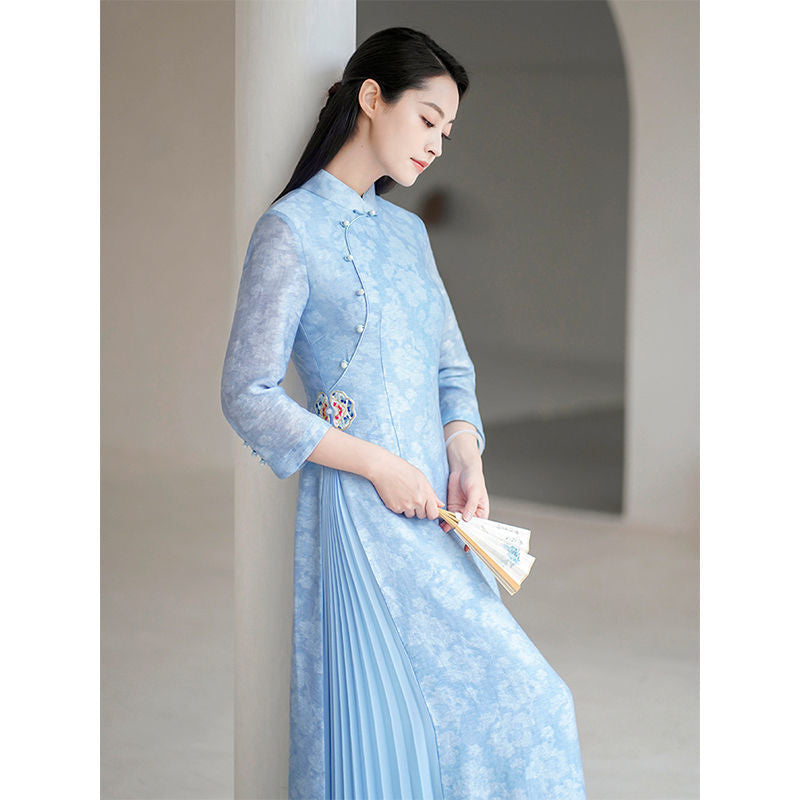 Robe Chinoise Longue Bleu Ciel Rose Ou Blanche Plissée