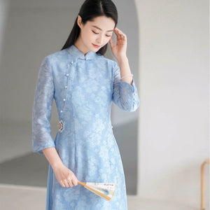 Robe Chinoise Longue Bleu Manches Courtes Boutonnées