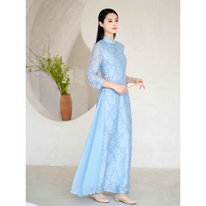 Robe Chinoise Longue Bleu Évasée Plissée
