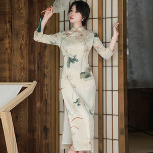 Robe Chinoise Longue Traditionnelle Manches Longues Et Boutonnée