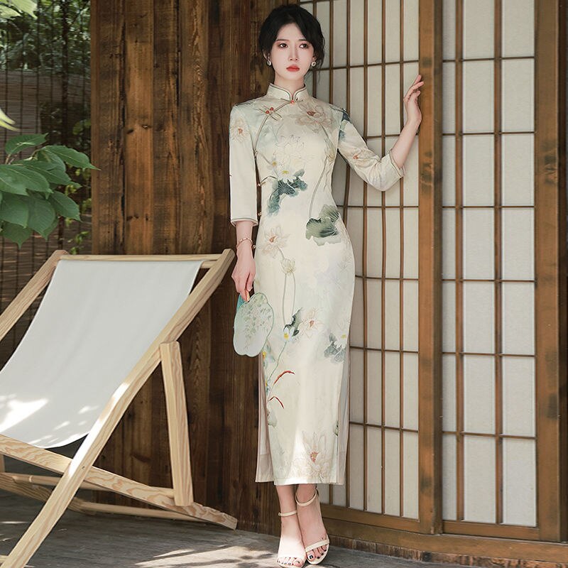 Robe Chinoise Longue Traditionnelle Élégante Et Confortable Cotin Et Lin