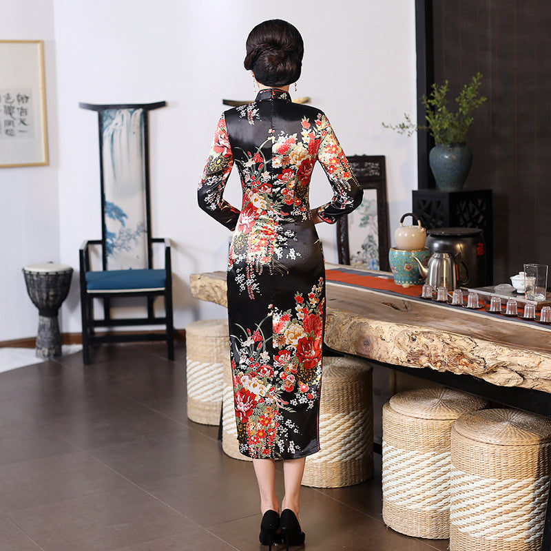 Robe Chinoise Manches Longues Noir Motif Floral