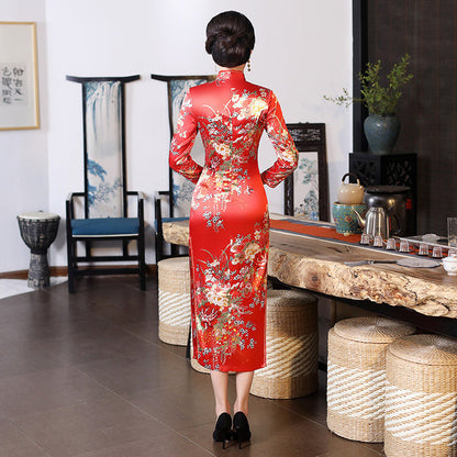 Robe Chinoise Manches Longues Rouge à Fleurs