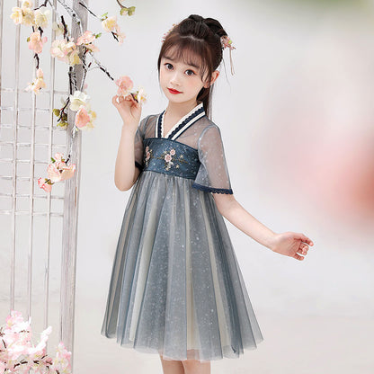 Robe Chinoise Petite Fille Bleu Ou Rose Avec Strass Et Tulle