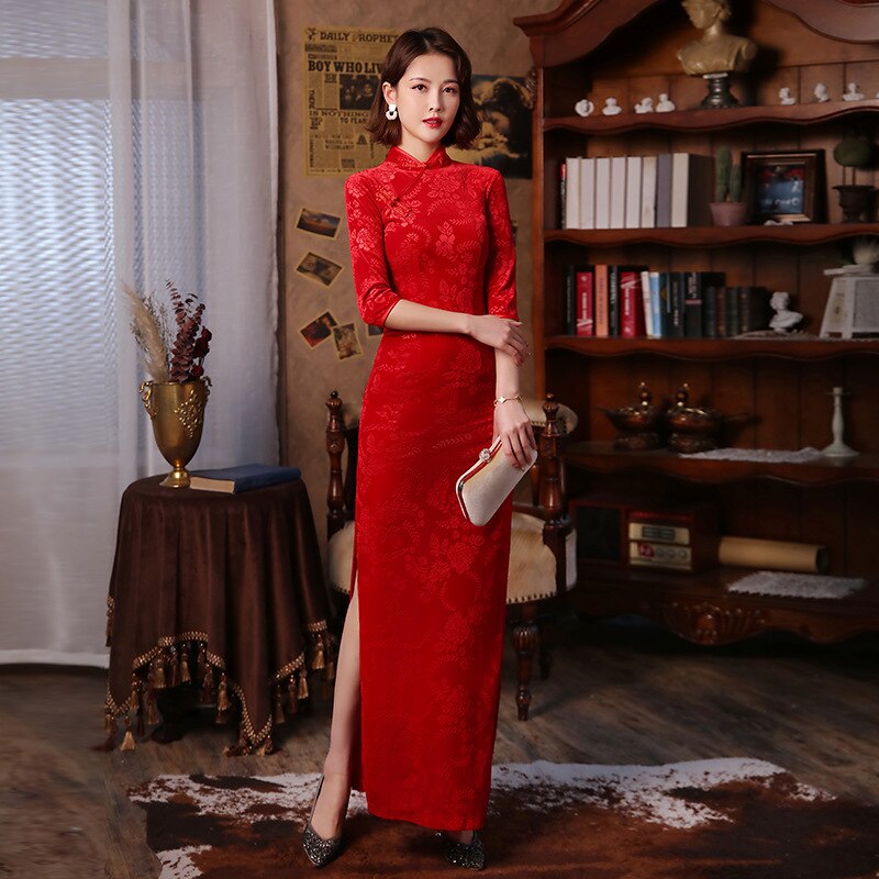 Robe Chinoise Rouge Fendue Manches Longues