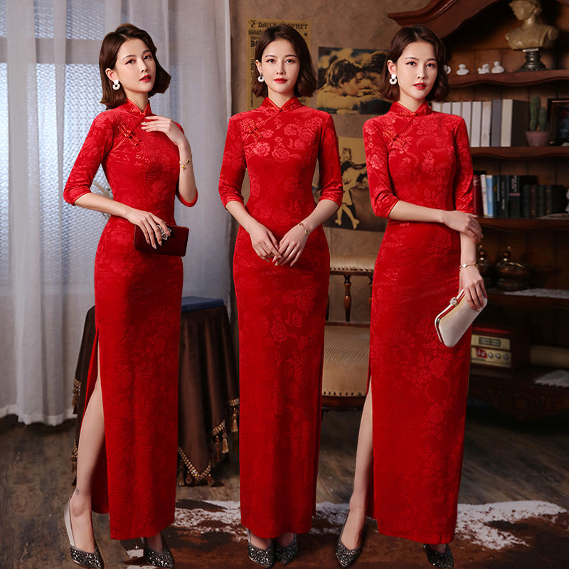 Robe Chinoise Rouge Fendue imprimé fleurie