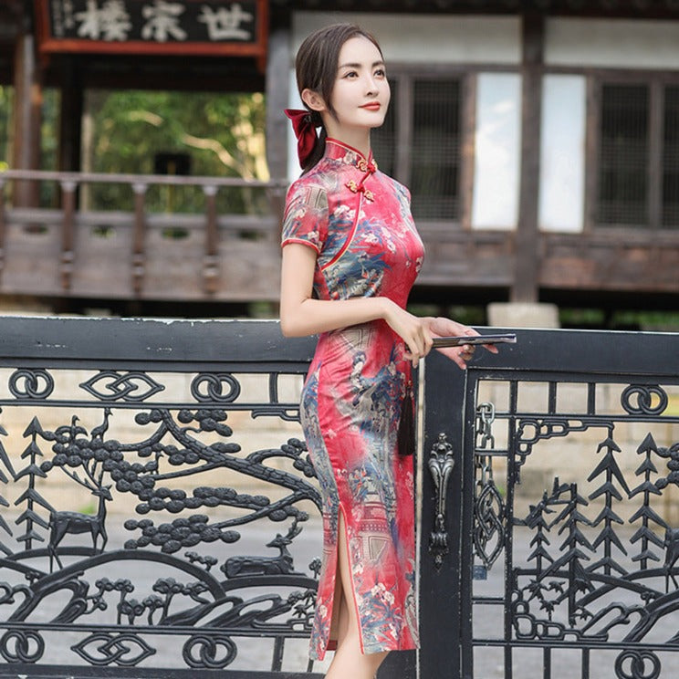 Robe Traditionnelle Chinoise Mi-Longue Col Mandarin