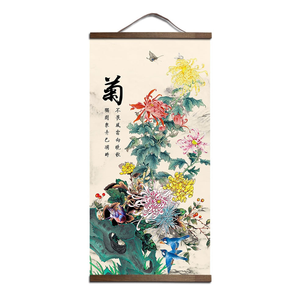 Tableau Fleurs Chinois Coton Et Bambou À Accrocher En Déco Murale