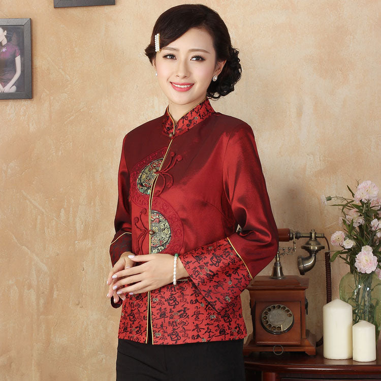 Veste Chinoise Satin Rouge Col Mao