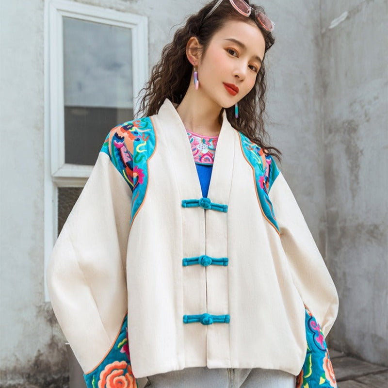 Chemise Femme Chinoise Ming Shang - Manches Dolman, Imprimé Et Bijoux Faux - Taille L - Occasion Très Bon état