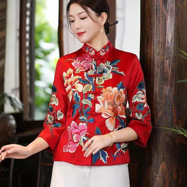 Veste Style Chinois Femme Rouge À Fleurs